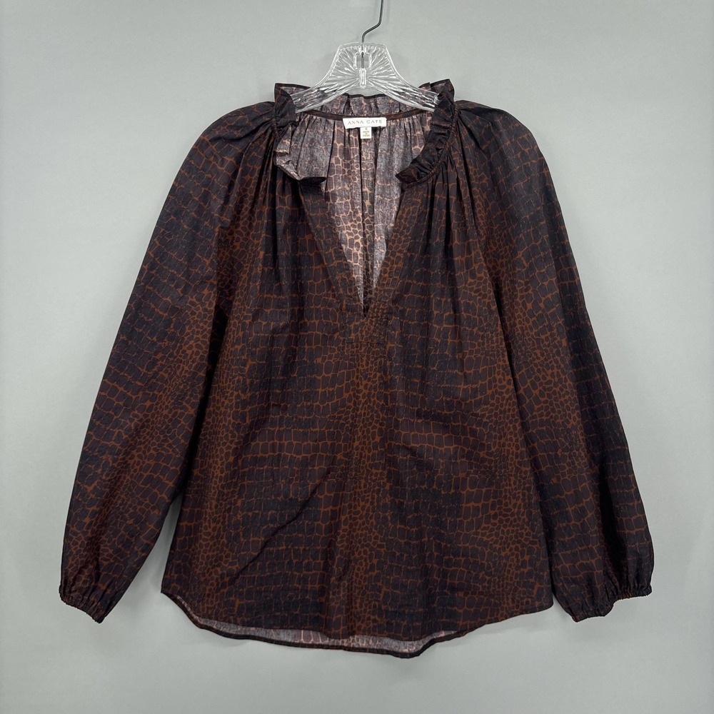 Anna Cate Blouse Womens Small Brown Animal Print Ruffle VNeck Cotton Top Boho